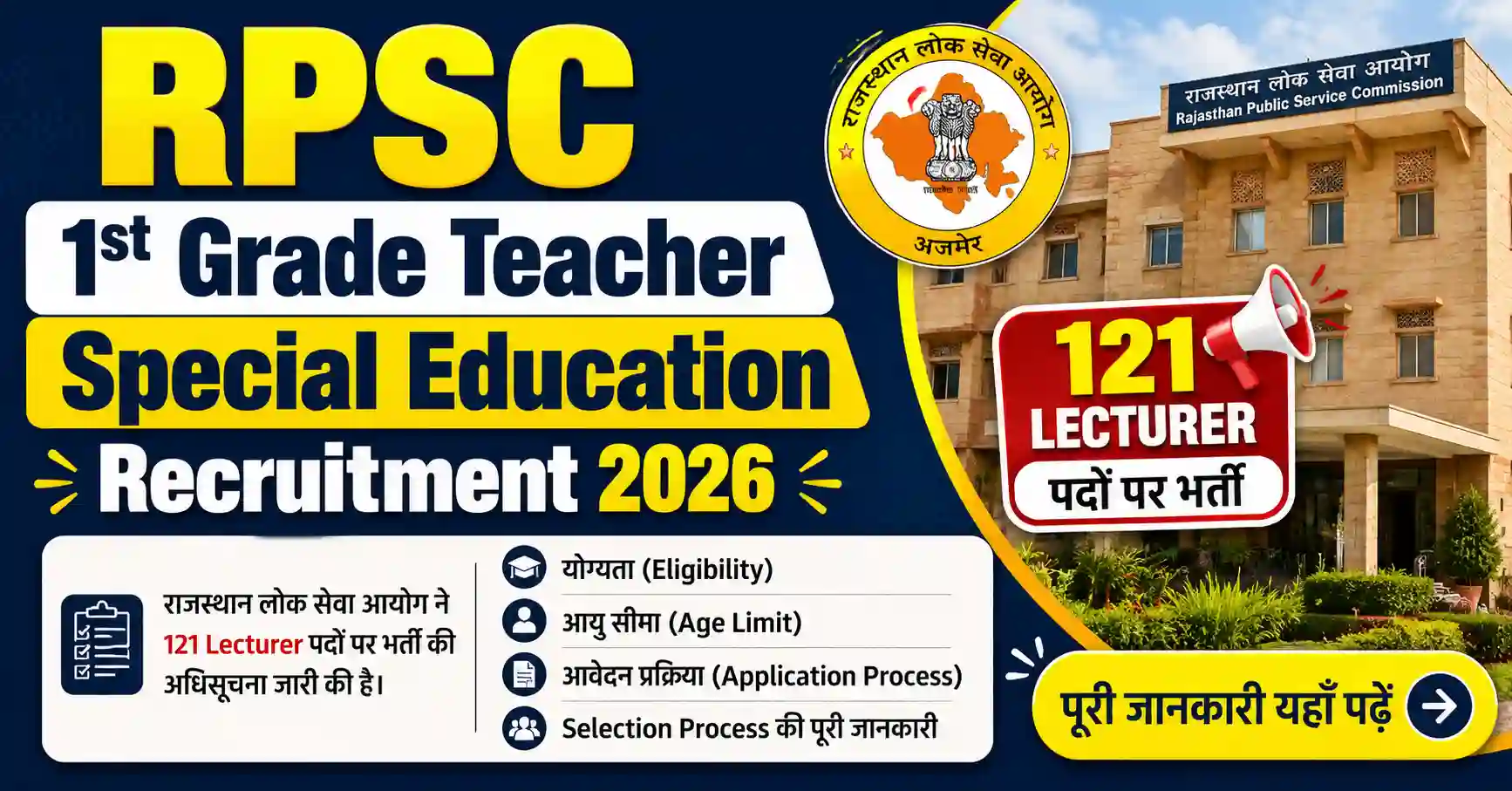 RPSC 1st Grade Teacher Special Education Recruitment 2026 | 121 पदों पर भर्ती, आवेदन 1 जून से शुरू