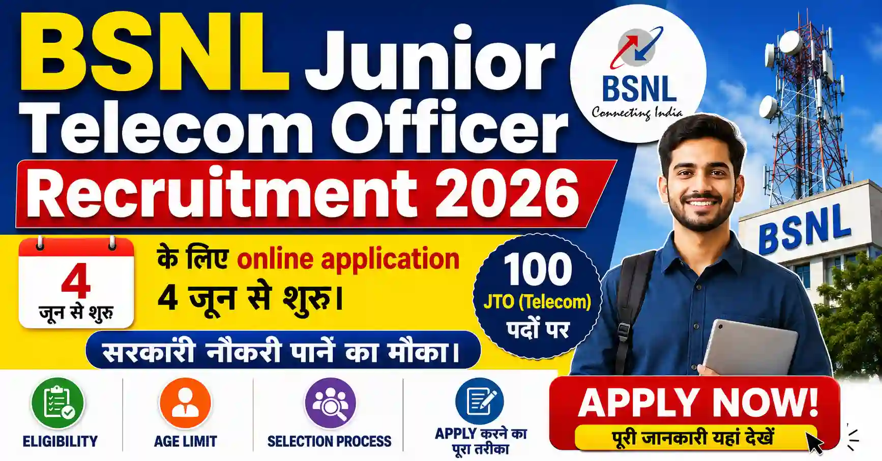 BSNL Junior Telecom Officer Recruitment 2026: 100 पदों पर भर्ती, जानें Eligibility, Salary और Apply करने का पूरा तरीका